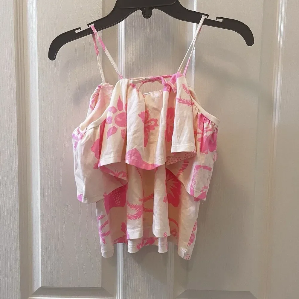Zara Girls Pink Tropical Ruffle Crop Tank Floral Hawaiian Palm Trees SZ 8-9 NWT
